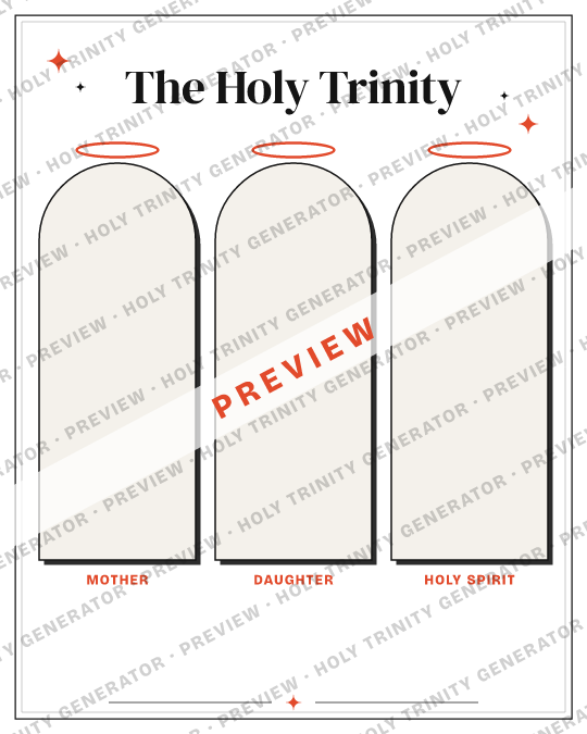 Watermarked preview of the blank Holy Trinity Holy Trinity meme template: empty frames labelled Mother, Daughter, Holy Spirit